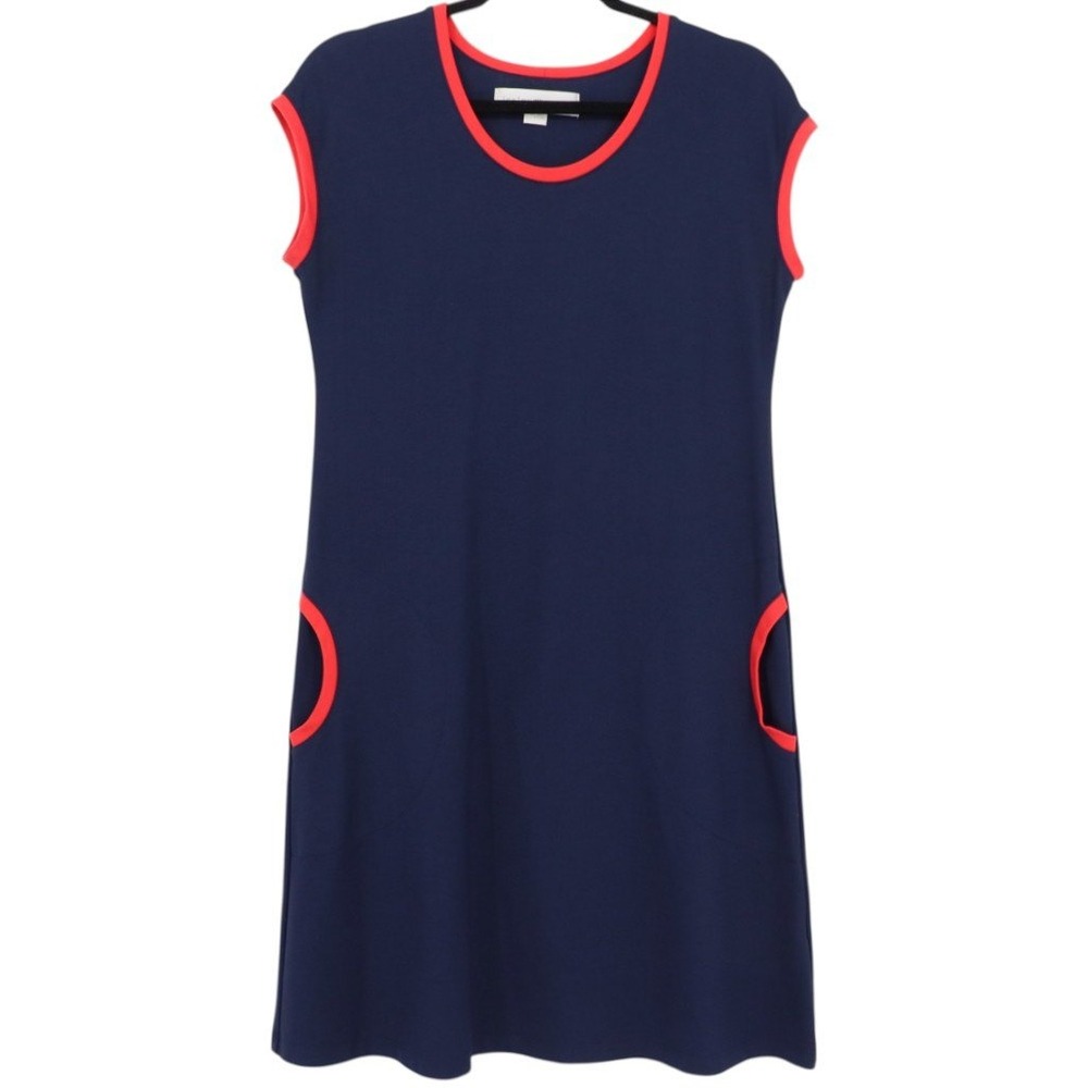 Lesley Evers Womens Ponte Knit Shift Dress Size M Navy Blue Red Trim Made in CA
